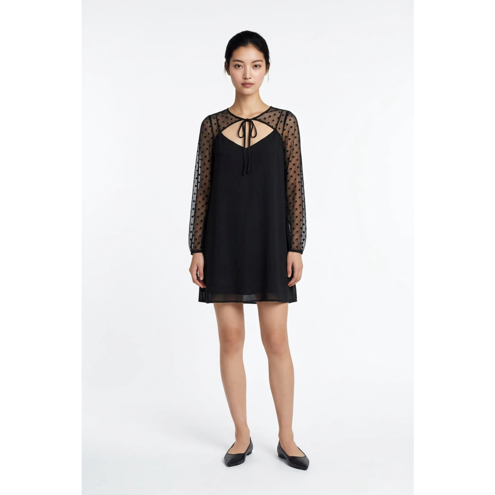 Women's ModCloth Black Polka Dot Long Sleeve Mini Dress Med French Girl Timeless